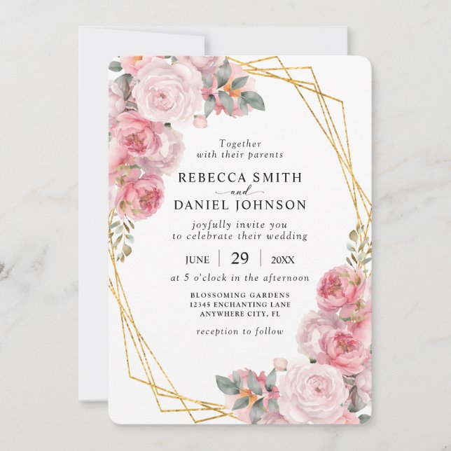 Rosa und goldene geometrische Elegante Boho Blumen Einladung (Vorderseite)