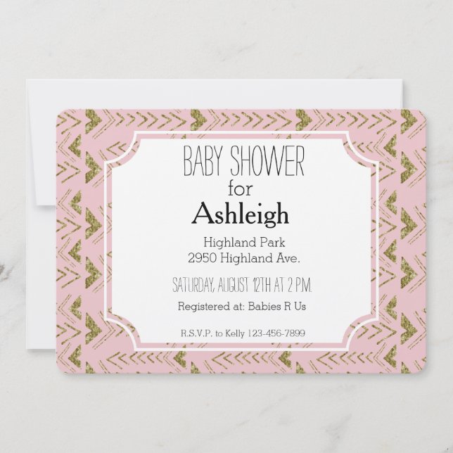Rosa und goldene Glam Pfeile Babydusche Einladung (Vorderseite)