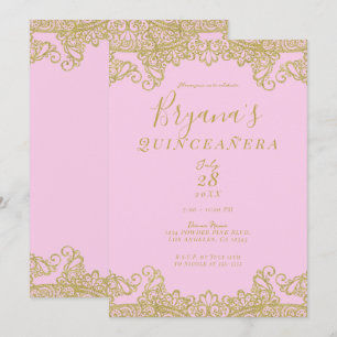 Rosa und goldene Glitter-Spitze Elegante Quinceañe Einladung
