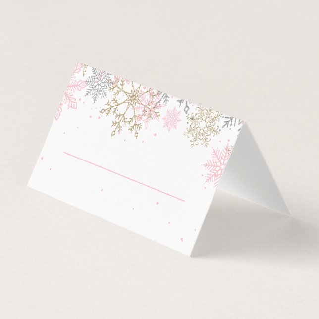 Rosa und goldene Glitzer Schneeflocken Platzkarten (Vorderseite)