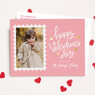 Rosa und goldene Herzen Briefmarke Foto Valentinst Folien Feiertagspostkarte