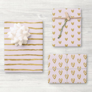 Rosa und goldene Herzen Geschenkpapier Set