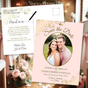 Rosa und Goldene Hochzeit Save-the-Date Oval-Foto Ankündigungspostkarte