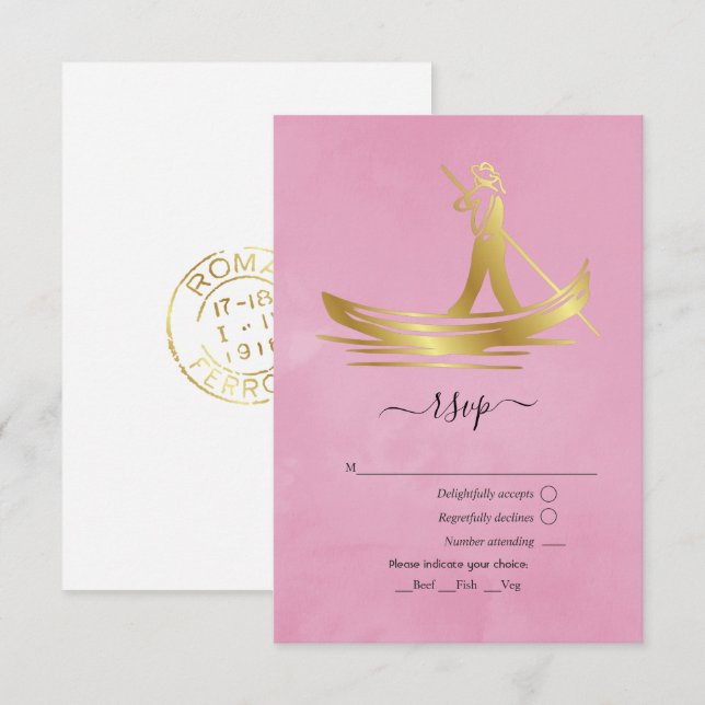 Rosa und goldene italienische Gondel RSVP Karte (Vorne/Hinten)