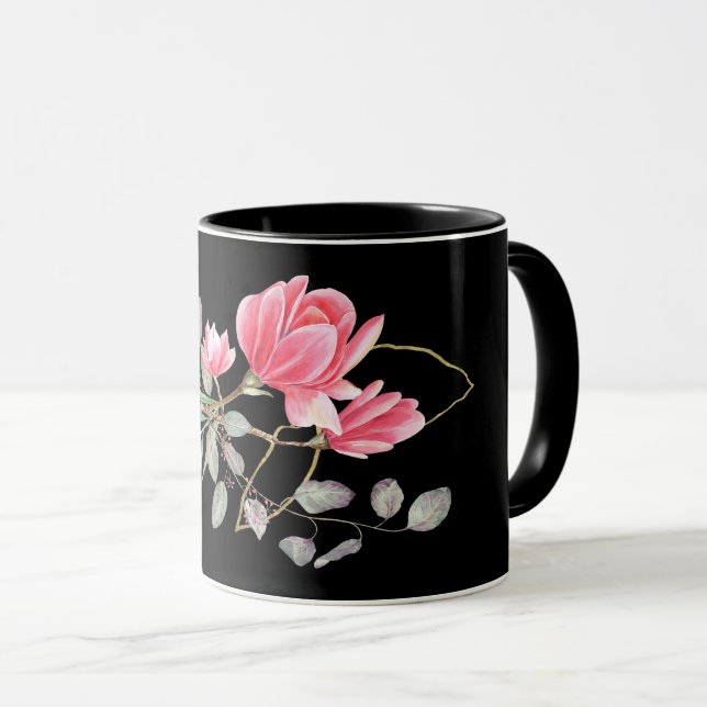 Rosa und goldene Magnolien auf schwarz Tasse (VorderseiteRechts)