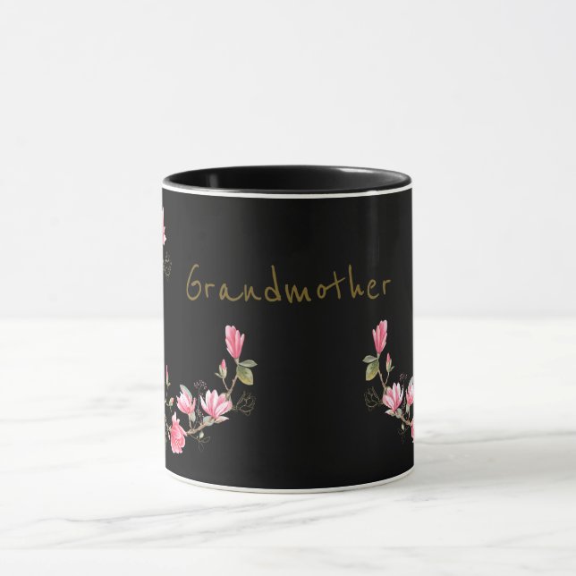 Rosa und goldene Magnolien auf schwarzer Großmutte Tasse (Zentrum)