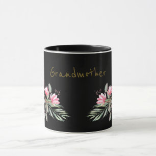 Rosa und goldene Magnolien auf schwarzer Großmutte Tasse
