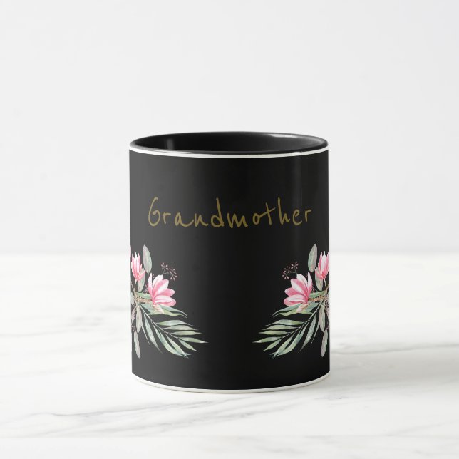 Rosa und goldene Magnolien auf schwarzer Großmutte Tasse (Zentrum)