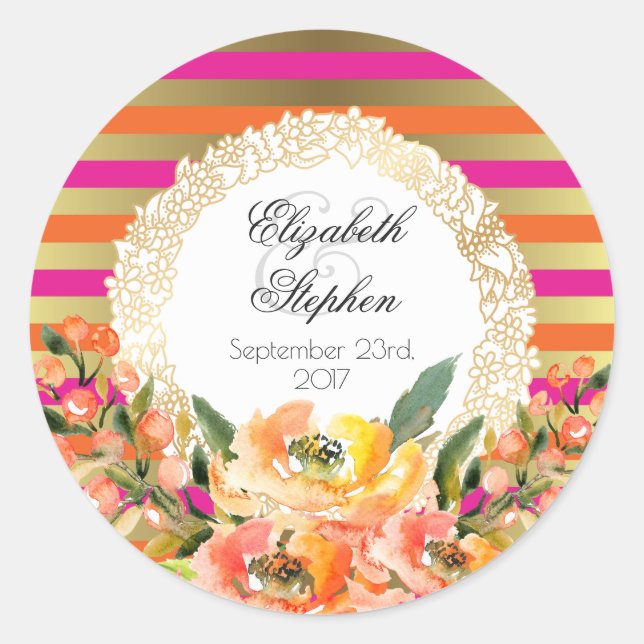 Rosa und goldene Metallic Streifen mit Floralhochz Runder Aufkleber (Vorderseite)