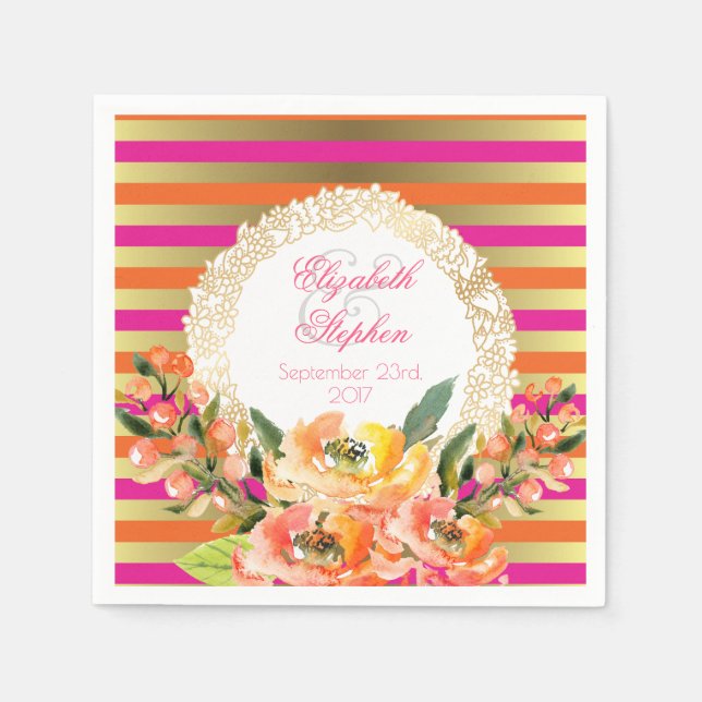 Rosa und goldene Metallic Streifen mit Floralhochz Serviette (Vorderseite)