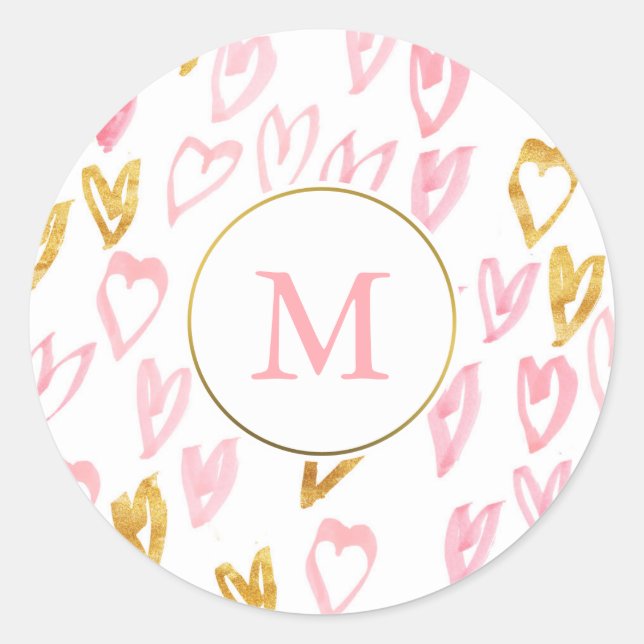 Rosa und goldene Monogram-Heart-Aufkleber Runder Aufkleber (Vorderseite)