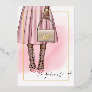 Rosa und goldene Monogramm-Chic-Junggeselinnen-Abs Folieneinladung