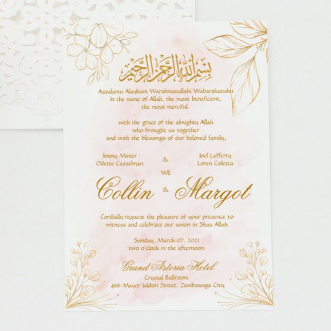 Rosa und goldene muslimische Hochzeitslinie Kunst Einladung (Von Creator hochgeladen)