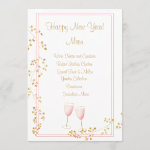 Rosa und goldene Neujahrskarte mit Champagnertoast Menükarte