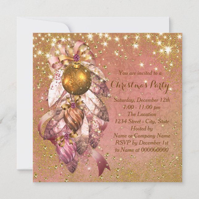 Rosa und goldene Ornamente Weihnachten Party Einladung (Vorderseite)