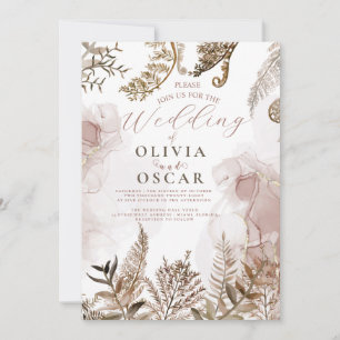 Rosa und Goldene Pampasgras Blumen Hochzeitseinlad Einladung