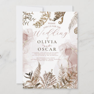 Rosa und Goldene Pampasgras Blumen Hochzeitseinlad Einladung