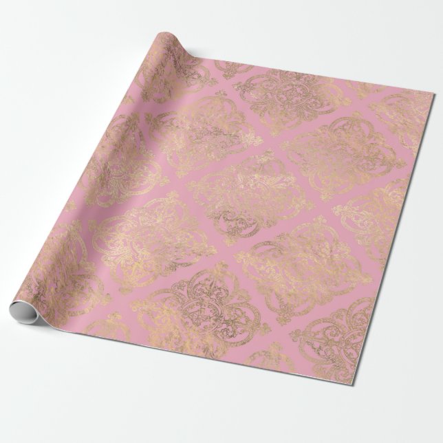 Rosa und goldene Pariser Forelle Damask Geschenkpapier (Ungerollt)