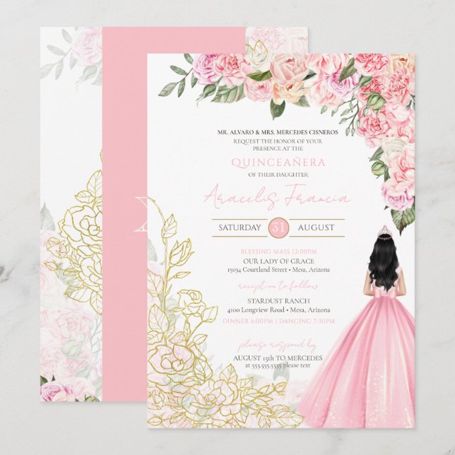 Rosa und goldene Peonies Blumenkohl Quinceanera El Einladung (Vorne/Hinten)
