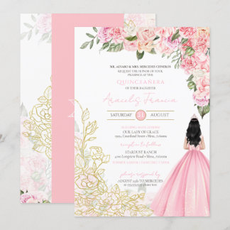 Rosa und goldene Peonies Blumenkohl Quinceanera El Einladung