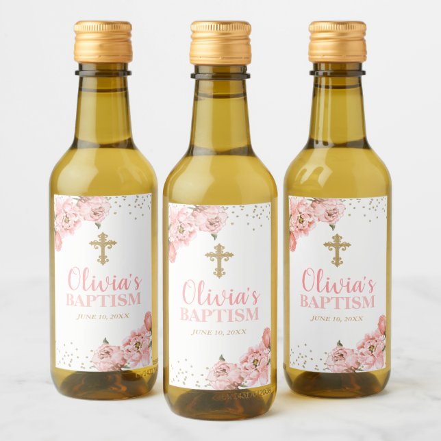 Rosa und goldene Peony Floral Taufen Mini Weinkart Weinetikett (Flaschen)