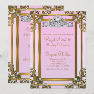 Rosa und goldene Prinzessinnenkrone Tiara Sweet 16 Einladung