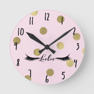 Rosa und goldene Punkte Moderne Glamour-Wimpern Sa Runde Wanduhr