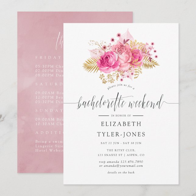 Rosa und goldene Rose Bachelorette Wochenende Einladung (Vorne/Hinten)