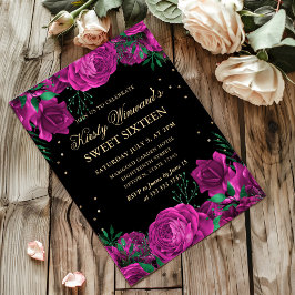 Rosa und goldene Rose - Grenz-16 . Geburtstag Einladung