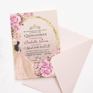 Rosa und Goldene Rosen Elegante Quinceanera Einladung