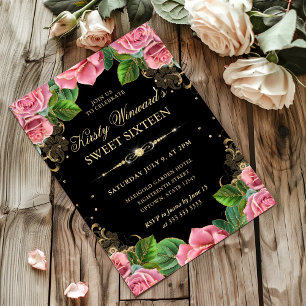 Rosa und goldene Rosen Florale Sweet Sixteen Einladung