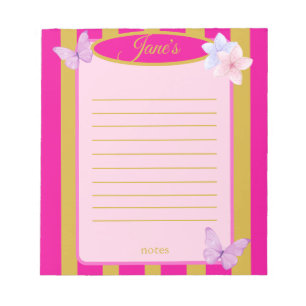 Rosa und goldene Schmetterlings-Blumen mit Streife Notizblock