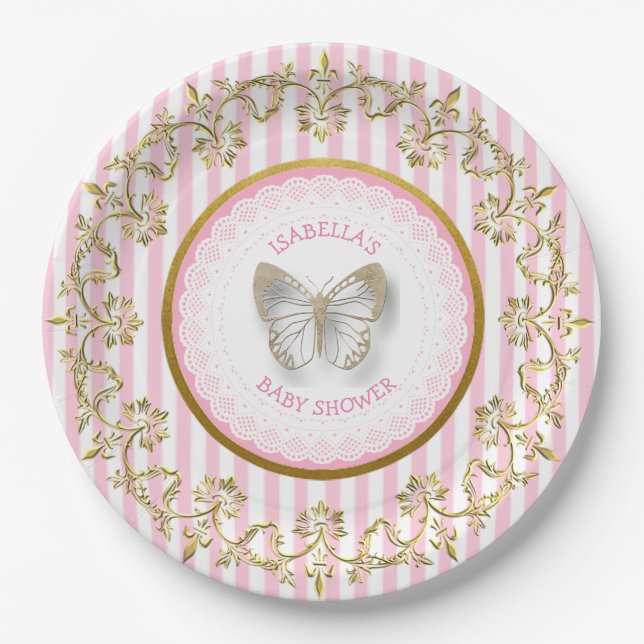 Rosa und goldene Schmetterlingspuffel Kinderdusche Pappteller (Vorderseite)