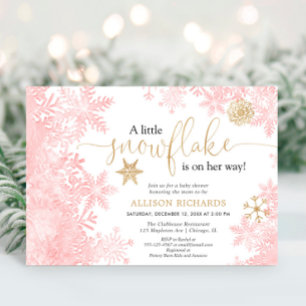 Rosa und goldene Schneeflocke Winter Mädchen Baby  Einladung