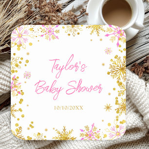 Rosa und goldene Schneeflocken-Baby-Party Rechteckiger Pappuntersetzer