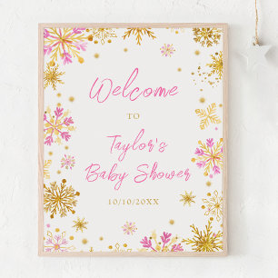 Rosa und goldene Schneeflocken Babyparty Willkomme Poster