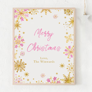Rosa und goldene Schneeflocken Frohe Weihnachten Poster