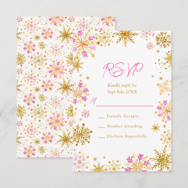 Rosa und goldene Schneeflocken Winter RSVP Karte (Vorne/Hinten)