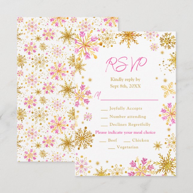 Rosa und goldene Schneeflocken Wintermesse RSVP Karte (Vorne/Hinten)