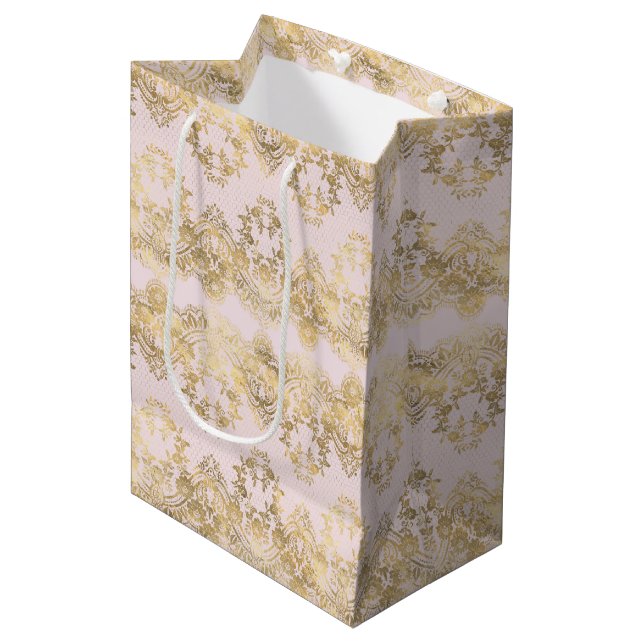 Rosa und goldene Spitze Mittlere Geschenktüte (Vorderseite Schrägansicht)