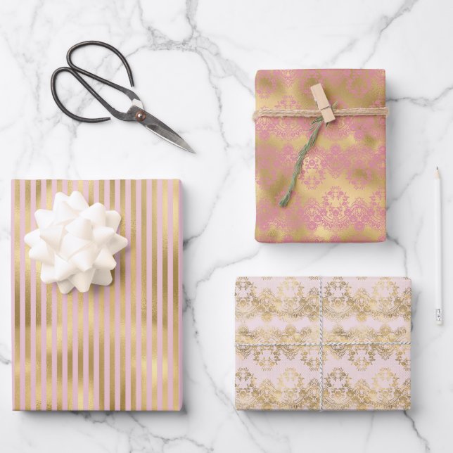 Rosa und goldene Streifen Geschenkpapier Set (Vorderseite)