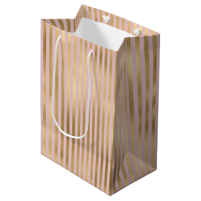 Rosa und goldene Streifen Mittlere Geschenktüte (Vorderseite Schrägansicht)