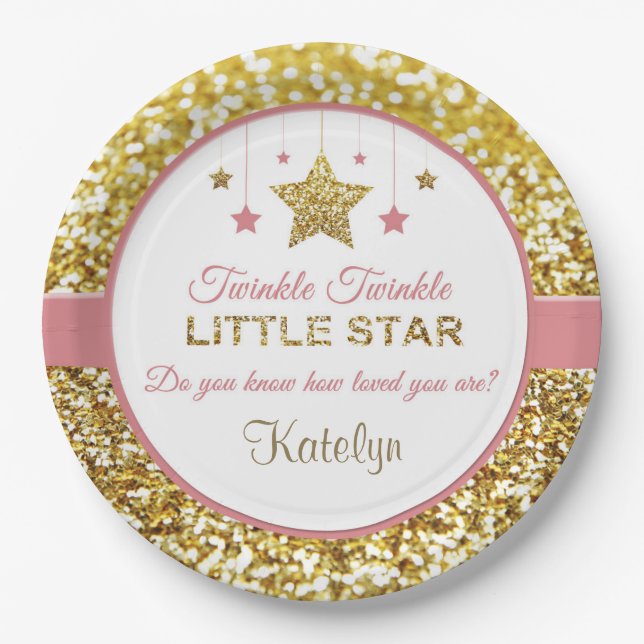 Rosa und goldene Teller: Twinkle Twinkle Stern Pappteller (Vorderseite)