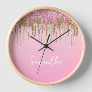 Rosa und goldene Tropfen Glitzer Name Uhr
