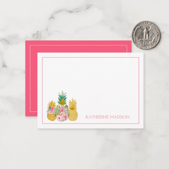 Rosa und goldene tropische Ananas Mitteilungskarte (Vorderseite/Rückseite Beispiel)