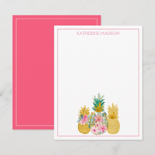 Rosa und goldene tropische Ananas Mitteilungskarte (Vorne/Hinten)