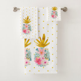 Rosa und goldene tropische Ananas und Polka-Punkte Badhandtuch Set