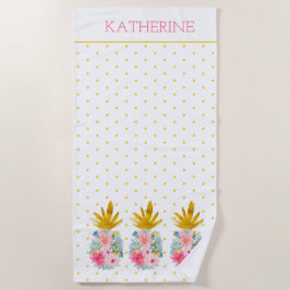 Rosa und goldene tropische Ananas und Polka-Punkte Strandtuch