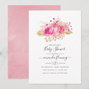 Rosa und goldene tropische Blumen-Baby-Party Einladung