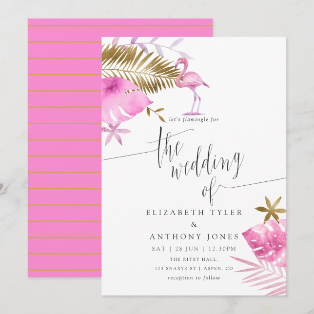 Rosa und goldene tropische Flamingo Hochzeitseinla Einladung (Vorne/Hinten)